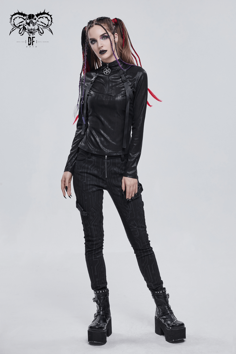 Edgy punk model wearing black stand collar top with pentagram, paired with stylish pants and platform boots.
