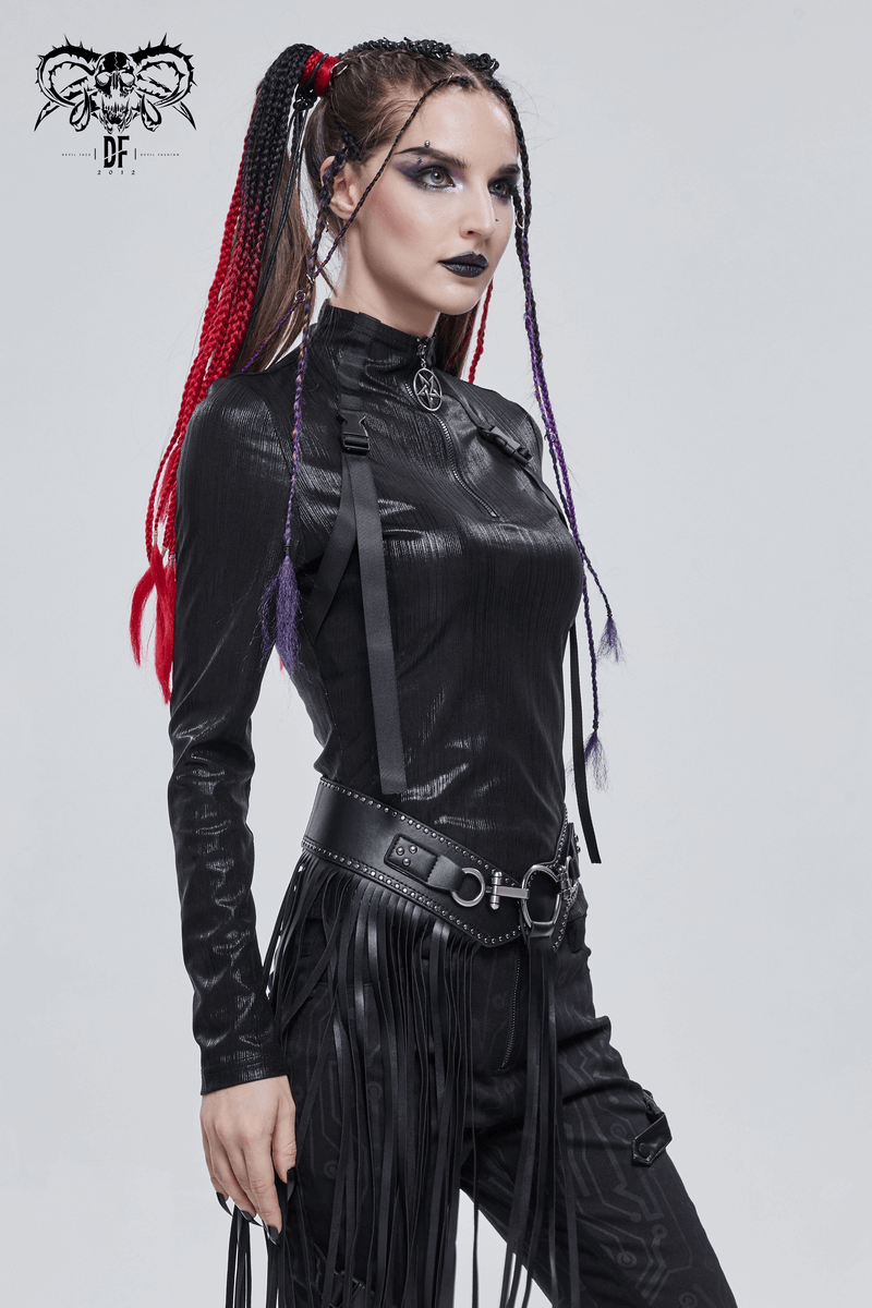Punk women's black top with long sleeves, metal pentagram detail, stylish model with braided hair in edgy fashion.