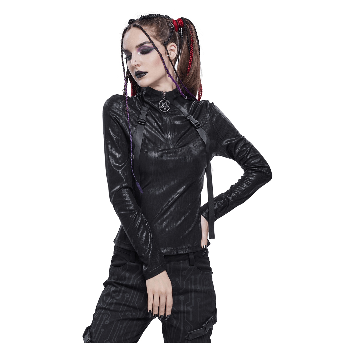 Stylish woman in a black punk top with pentagram zipper and braided hair, showcasing edgy fashion vibes.
