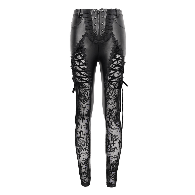 Gothic punk black leggings with lace-up details and semi-transparent lace panels on the legs, stylish and edgy fashion.