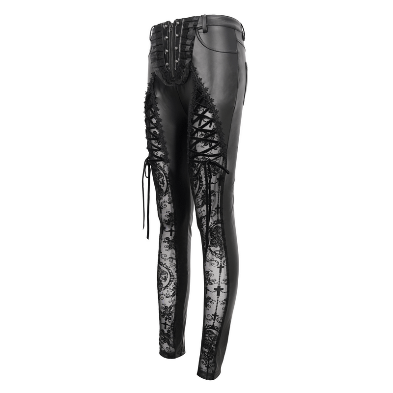 Punk Zipper Black Leggings with Lace-up on Legs / Gothic Lace Semi Transparent Pants