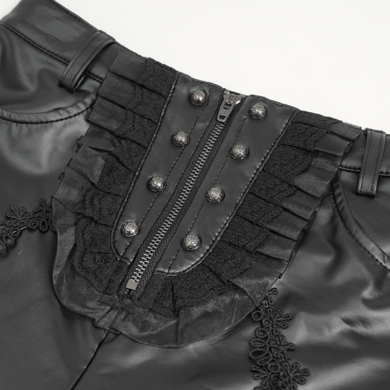 Close-up of black punk leggings with embellished zipper and lace details, perfect for a gothic style wardrobe.