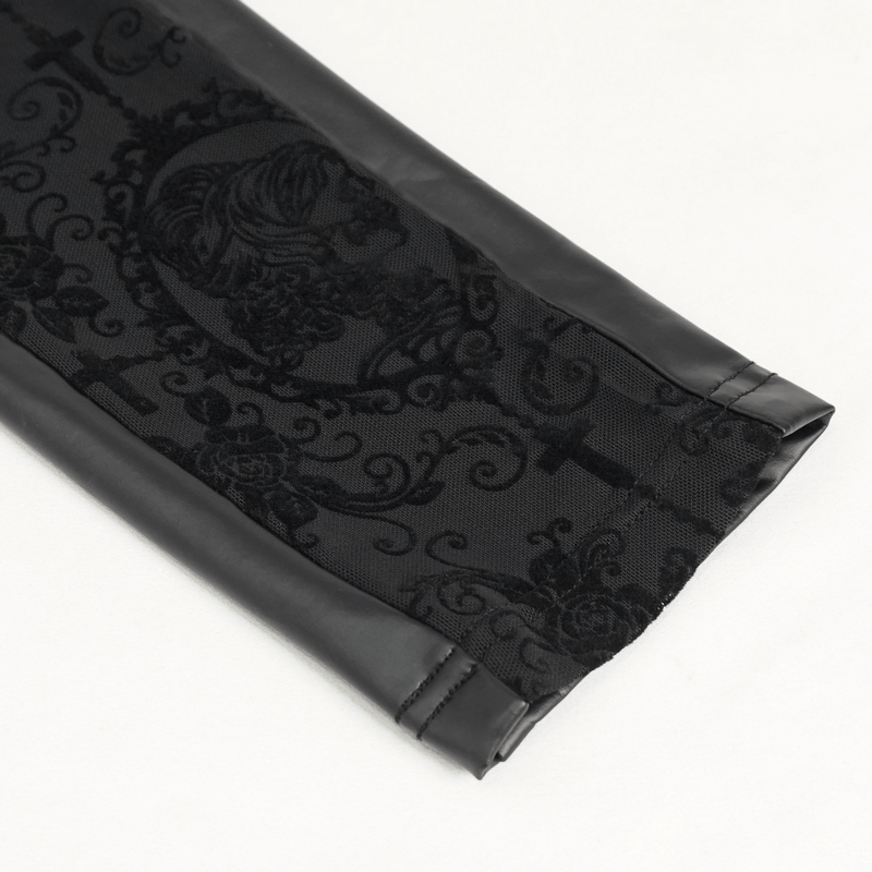 Close-up of punk black leggings featuring intricate lace detailing and a semi-transparent design.