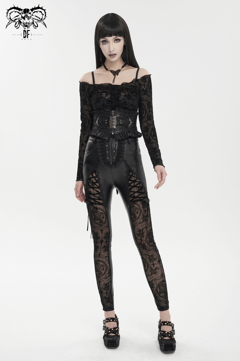 Punk black leggings with lace-up details, paired with an elegant gothic top and stylish accessories.