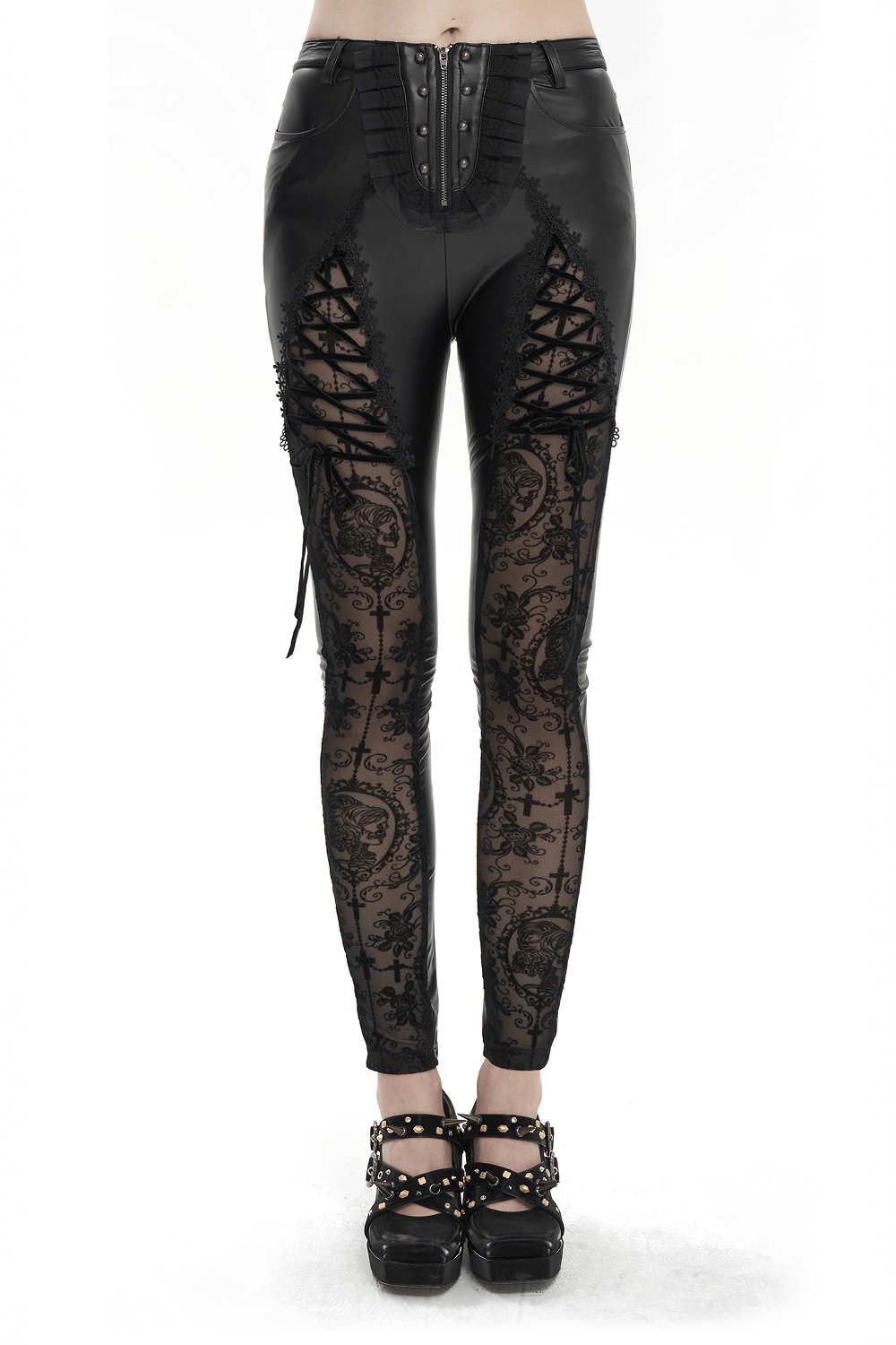 Punk black leggings with lace-up details and semi-transparent gothic lace design for an edgy look.