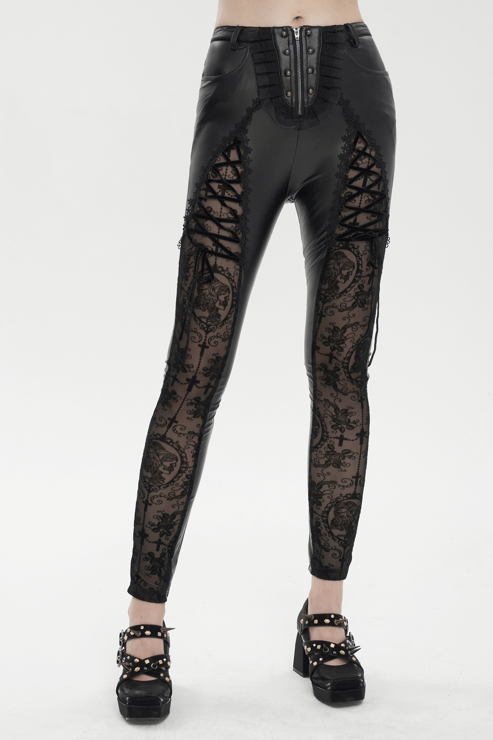 Punk gothic black leggings with lace-up detail and semi-transparent lace design on legs, perfect for a bold stylish look.