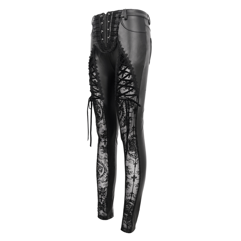 Punk Zipper Black Leggins with Lace-up on Legs / Gothic Lace Semi Transparent Pants