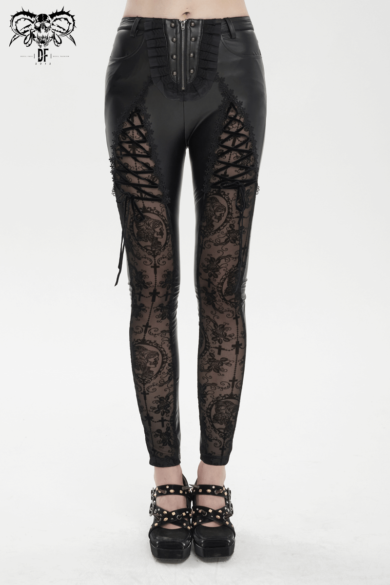Punk Zipper Black Leggins with Lace-up on Legs / Gothic Lace Semi Transparent Pants