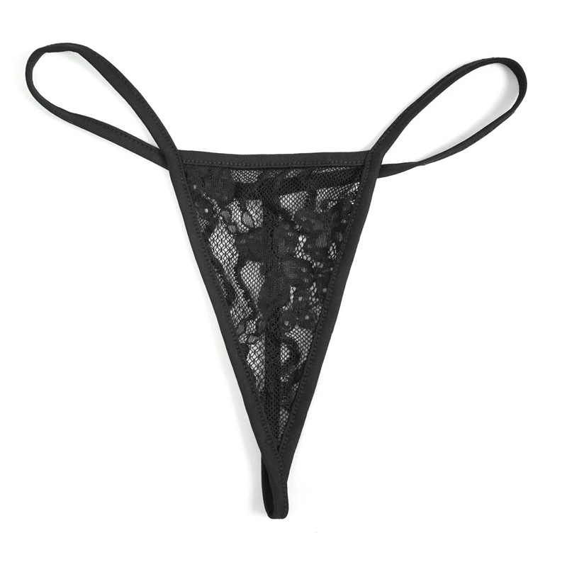Black lace thong underwear with mesh design and adjustable straps for a seductive look.