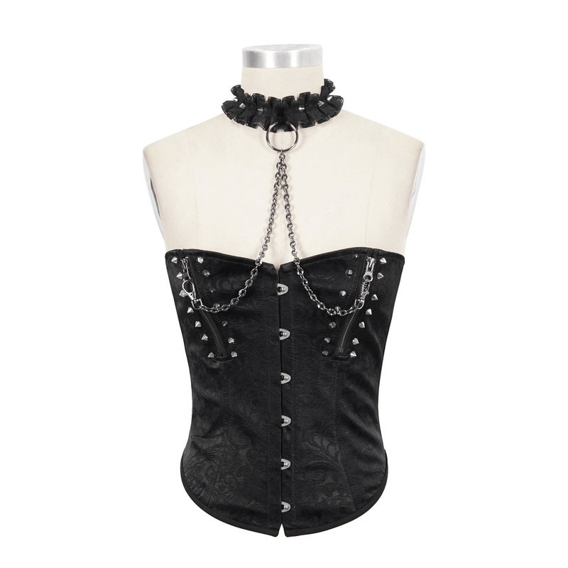 Punk Zipper Corset With Chain / Fashion Sexy Ruffled Collar Corset With Rivets - HARD'N'HEAVY