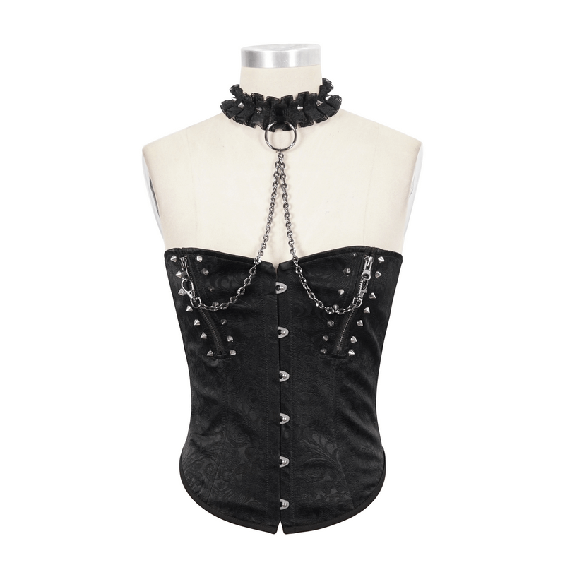 Punk black zipper corset with chains and spikes, featuring a sexy ruffled collar, perfect for a bold fashion statement.