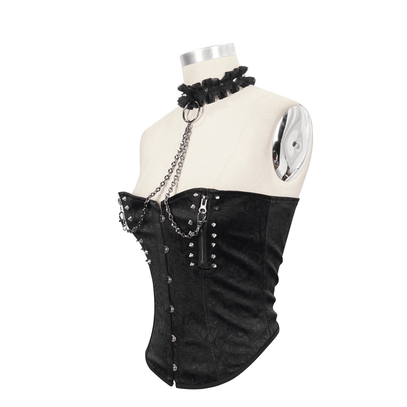Punk black zipper corset with chain and ruffled collar, featuring rivets for a sexy edgy look.