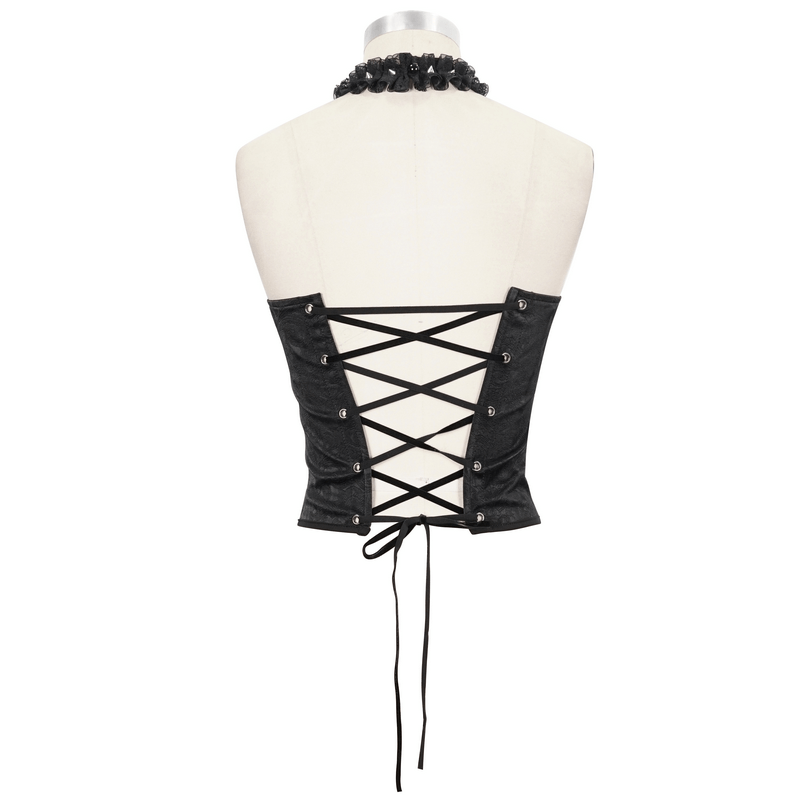 Back view of a women's punk black corset with zipper and lace-up design, featuring rivets and a ruffled collar.