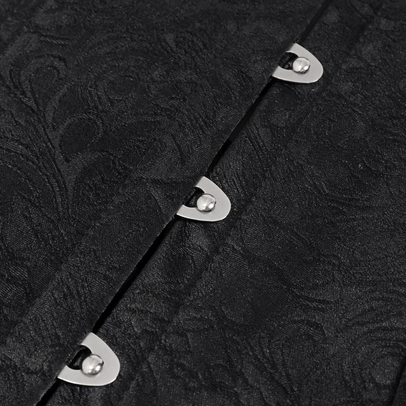 Close-up of a black corset fabric showcasing metal fasteners and textured detail for a punk fashion look.