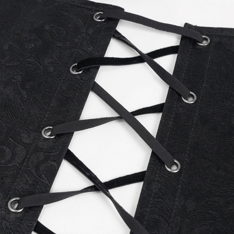 Close-up of black punk corset showing intricate lacing and grommets for a stylish, edgy look.