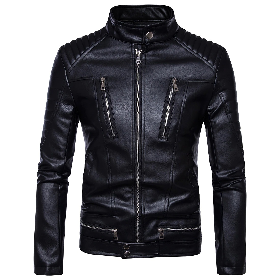 Stylish black PU leather men's motorcycle jacket with zipper and stand collar, embodying punk rock vibes.