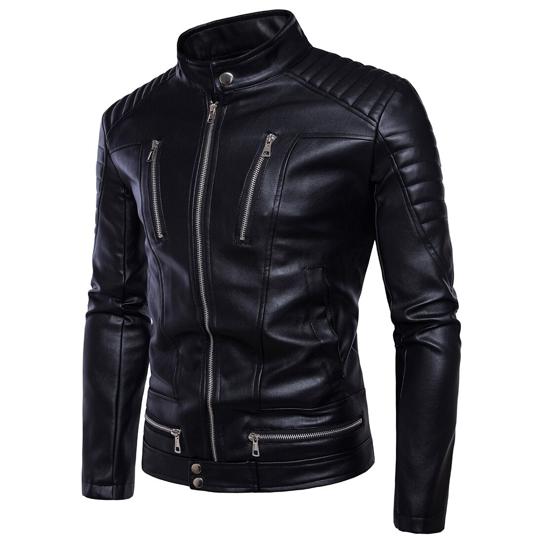 Men's black PU leather biker jacket with zippers, stylish stand collar, and a punk rock vibe, perfect for motorcycle enthusiasts.