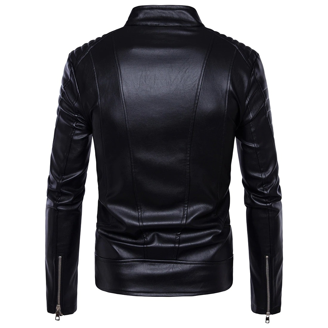 Back view of a stylish black PU leather men's motorcycle jacket with a zipper and unique punk rock design.