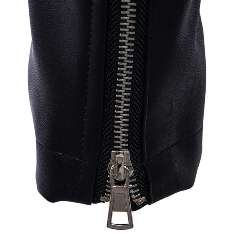 Close-up of the zipper on a black PU leather men's biker jacket, showcasing punk style and quality craftsmanship.