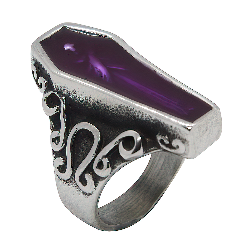 Purple coffin mummy ring in stainless steel, perfect unisex goth jewelry for a dark and stylish look.