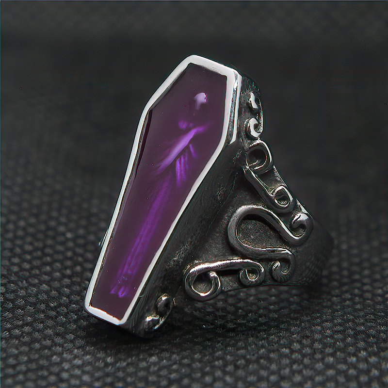 Purple coffin mummy ring in stainless steel, perfect unisex goth jewelry for a striking dark style.