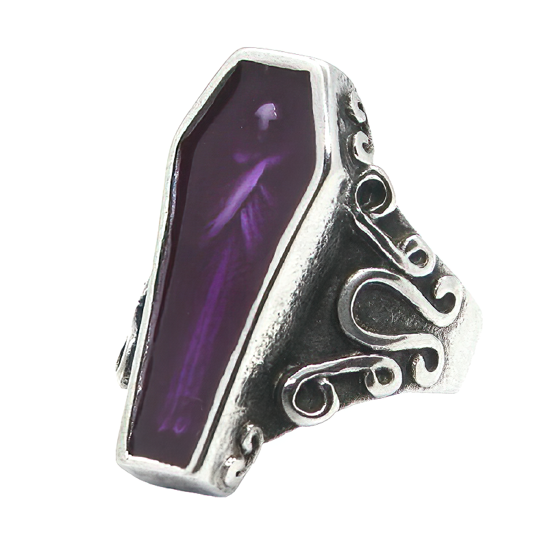 Purple coffin mummy ring in stainless steel, perfect alternative goth jewelry for unisex style.