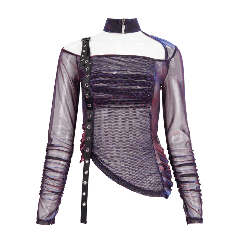 Stylish purple gothic transparent mesh top with adjustable shoulder strap and irregular cut for unique outfits.