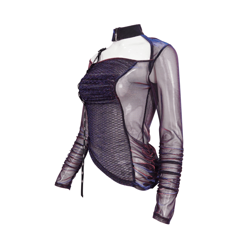 Women's purple gothic transparent mesh top with adjustable shoulder straps and irregular cut.