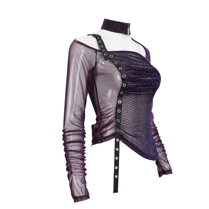 Purple gothic mesh top with irregular cut and adjustable shoulder strap for a stylish, edgy look.