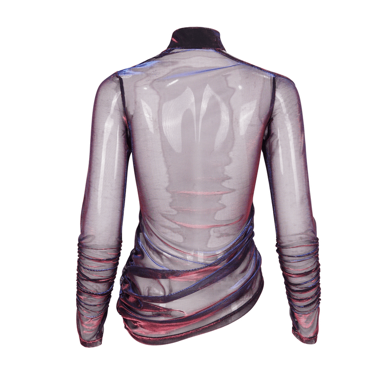 Back view of purple gothic mesh top with transparent crinkle design and adjustable sleeves, perfect for stylish outfits.