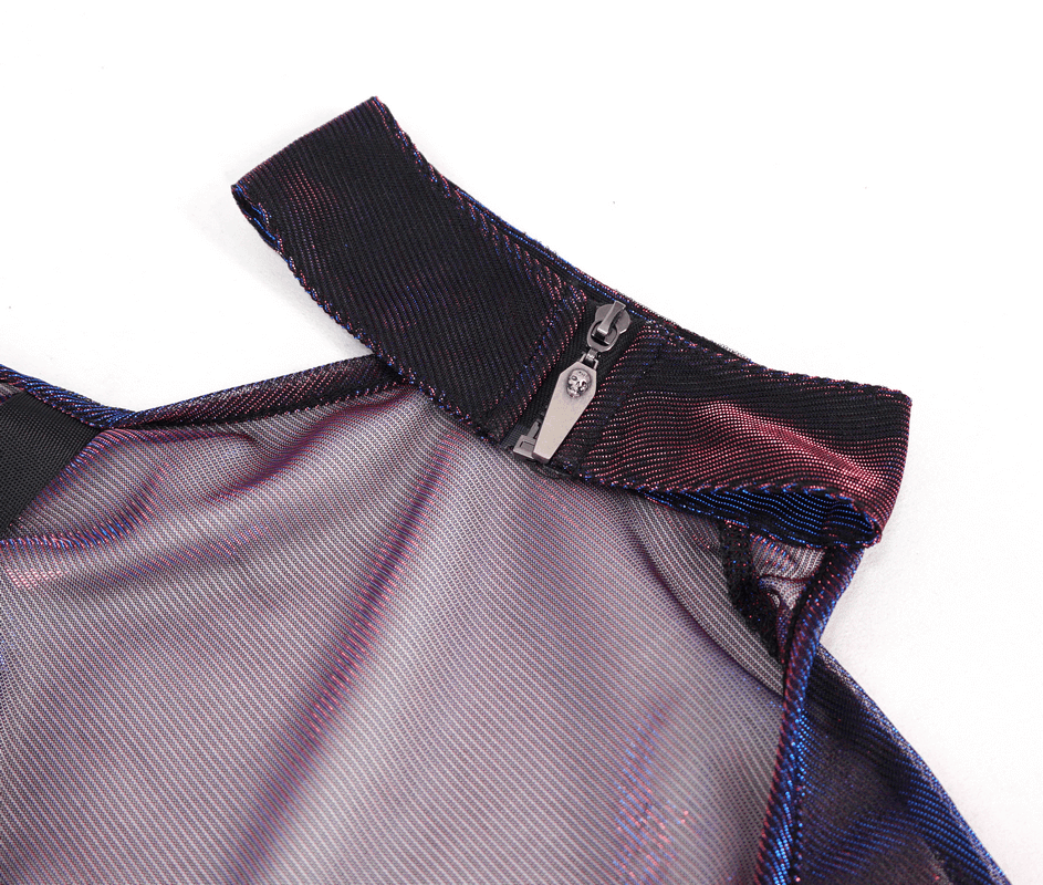 Close-up of the adjustable shoulder strap and zipper detail on a transparent purple gothic women's top.