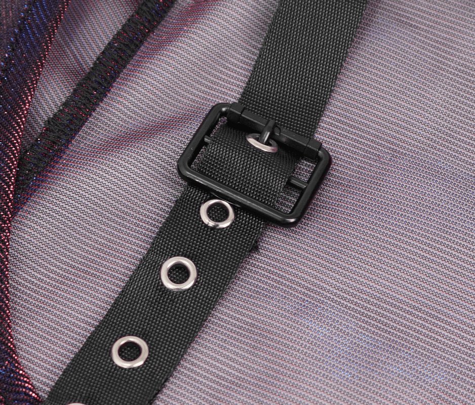Close-up of the adjustable shoulder strap and eyelet details on a purple gothic mesh top.