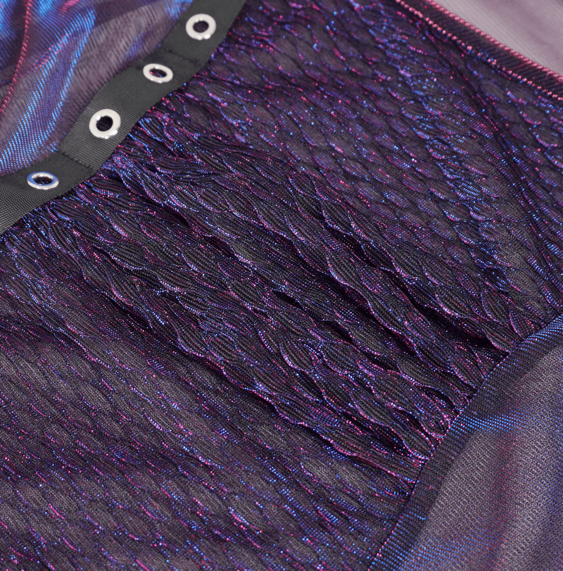 Close-up of a purple gothic transparent crinkle top with irregular design and shiny detailing. Perfect for stylish gothic outfits.