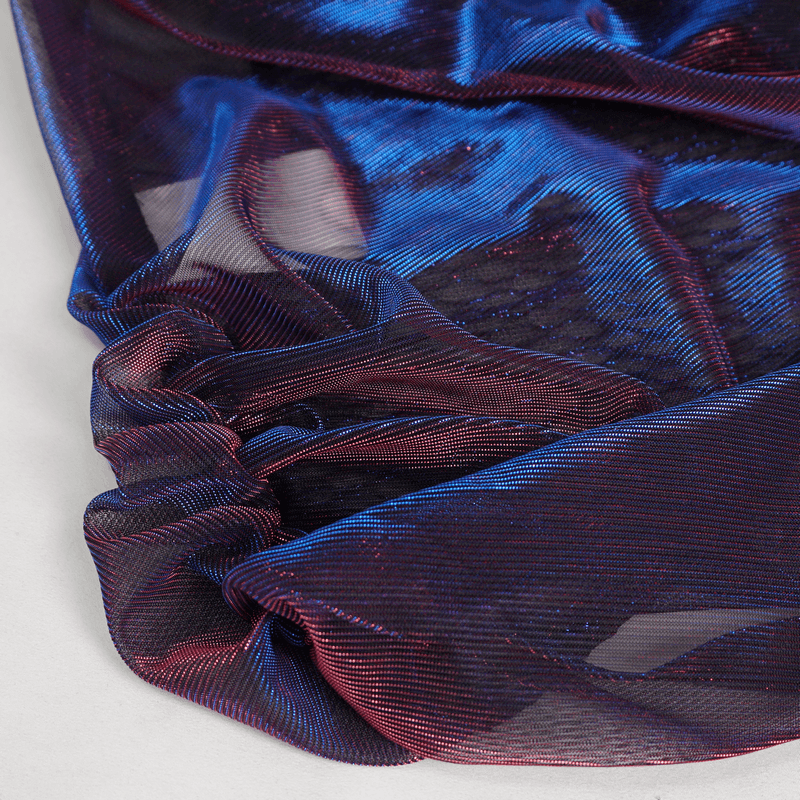 Close-up of purple gothic mesh top showcasing crinkle texture and adjustable shoulders, perfect for stylish gothic outfits.