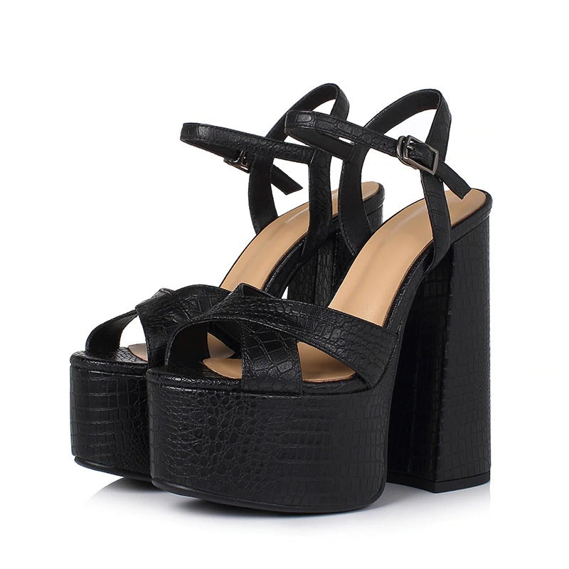 Genuine leather sexy heel platform black sandals for women, featuring trendy buckle straps and stylish square heels.