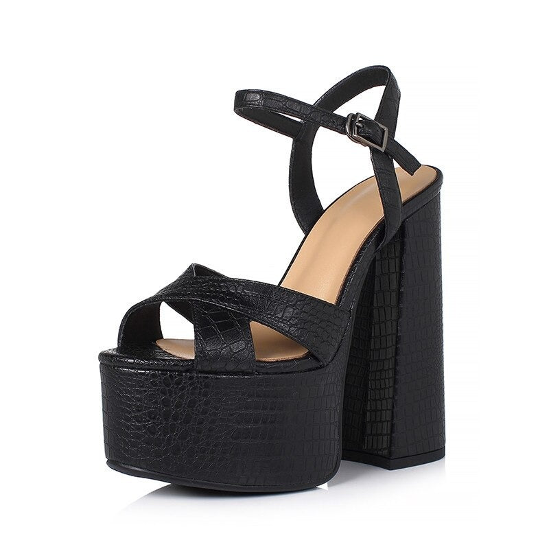 Genuine leather black platform sandals with buckle straps and square heels, perfect trendy footwear for women.