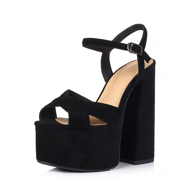 Genuine leather women’s sexy heel platform black sandals with buckle straps and stylish square heels.