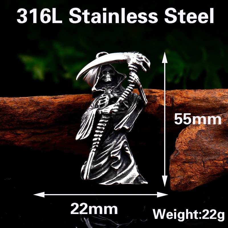 Gothic stainless steel skull pendant shaped like a soldier with a scythe, perfect for stylish gothic outfits.