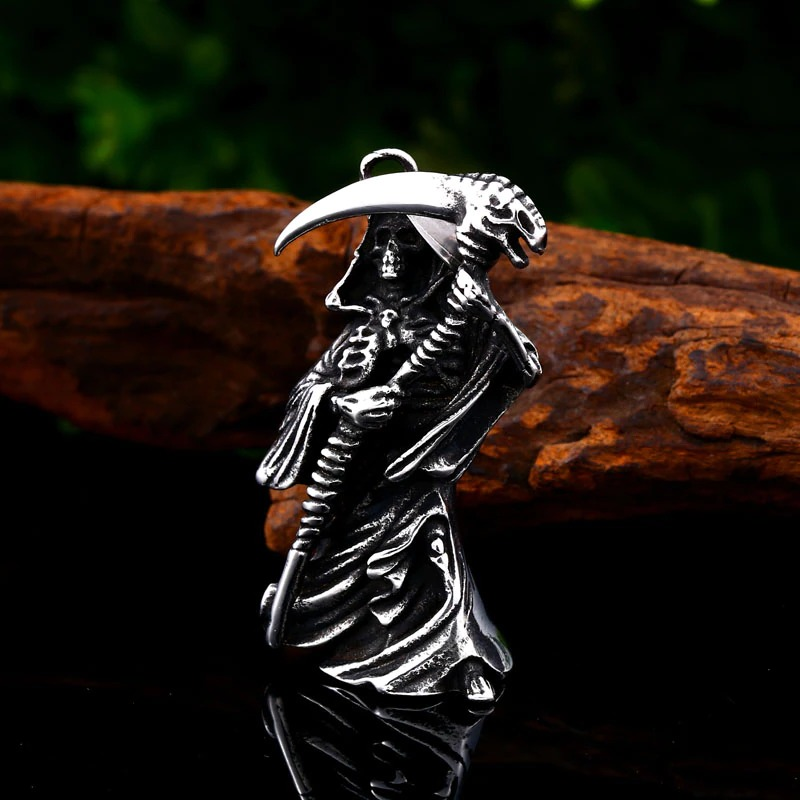 Gothic stainless steel pendant featuring a silver death figure with scythe, perfect for stylish outfits.