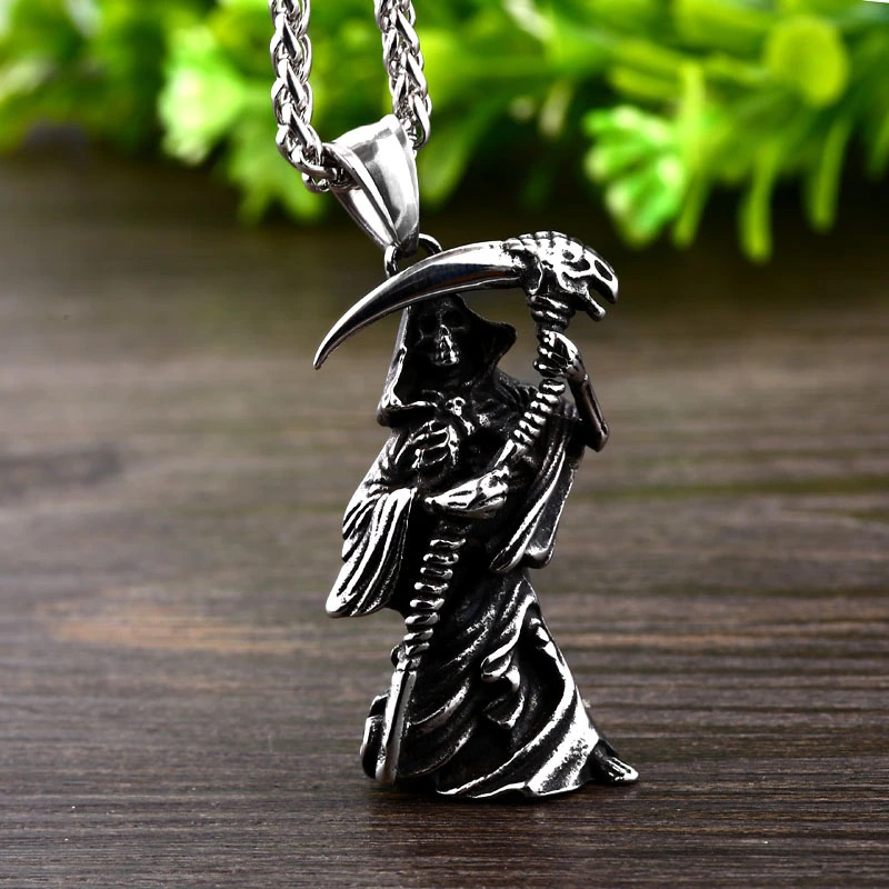 Gothic stainless steel pendant featuring a skull soldier design with a scythe, perfect for punk and gothic fashion.