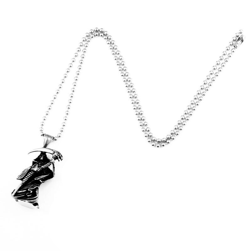 Gothic stainless steel skull pendant with scythe on a beaded chain, perfect for adding a dark twist to any outfit.