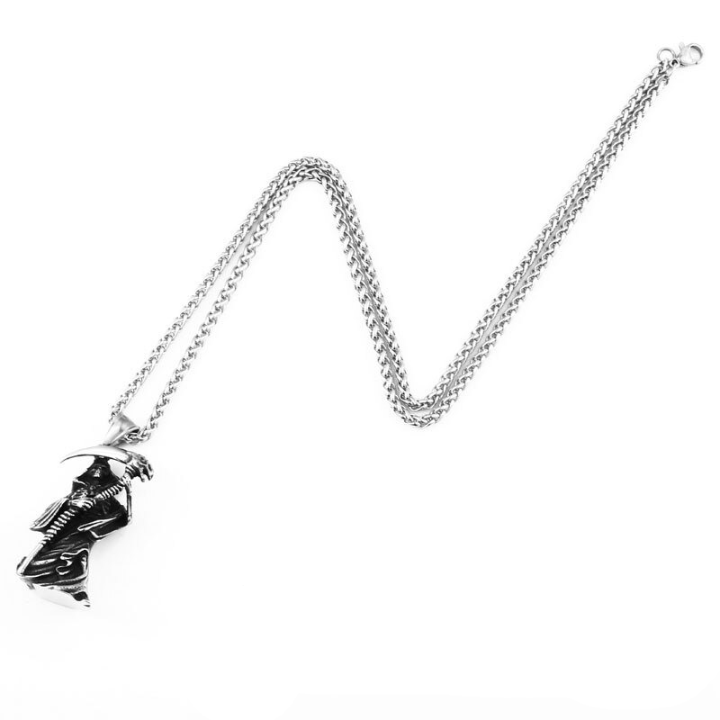 Stylish stainless steel skull pendant necklace, perfect for gothic fashion lovers.