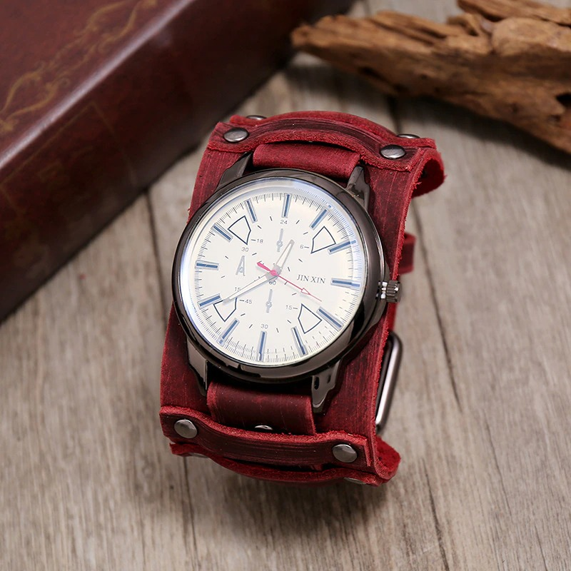 Stylish quartz men's watch with a red genuine leather strap, perfect casual accessory for any outfit.