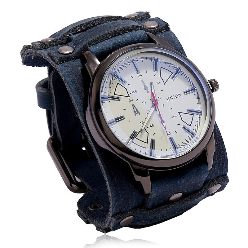 Stylish quartz men's watch with blue leather strap and modern design, perfect casual accessory in fashion.