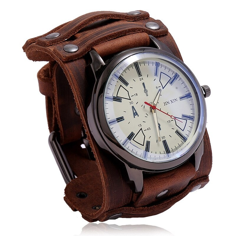 Stylish quartz men's watch with brown genuine leather strap and modern design, perfect casual accessory.