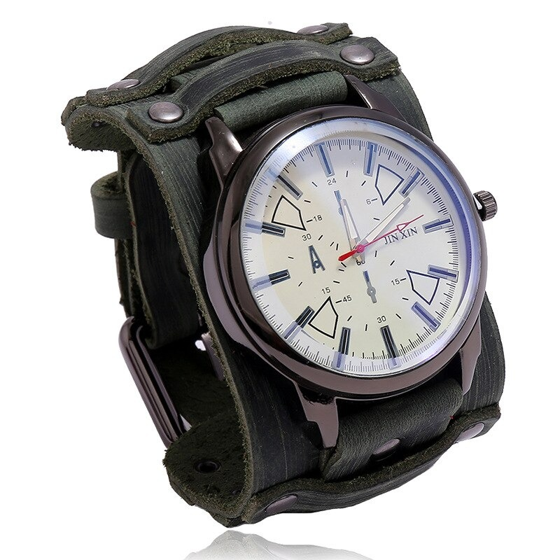 Men's quartz watch with green leather strap and stylish silver dial, perfect casual accessory for any outfit.