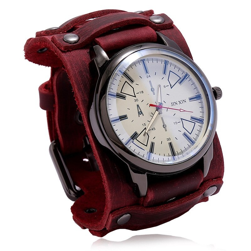 Stylish quartz men's watch with red genuine leather strap and metallic details, perfect for casual fashion.