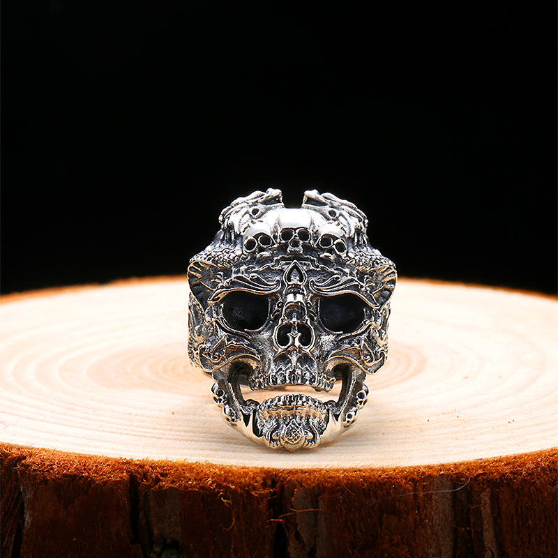 Real 925 sterling silver skull ring on wood, adjustable biker jewelry, unique skeleton design, unisex size 7-13.