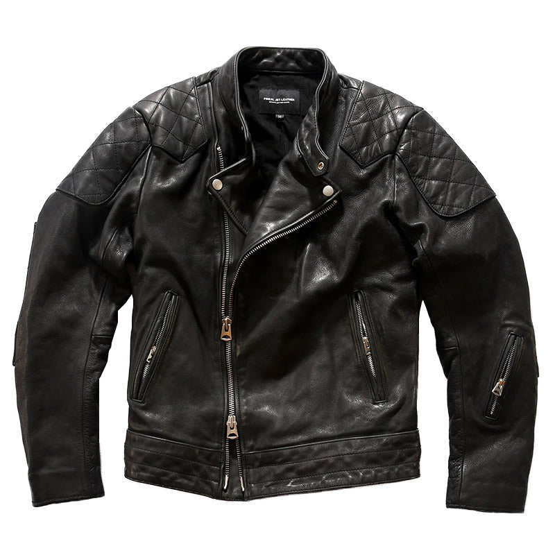 Real Leather Men's Black Retro Jacket / Simple Design Cow Skin Biker Clothing With Zippers - HARD'N'HEAVY