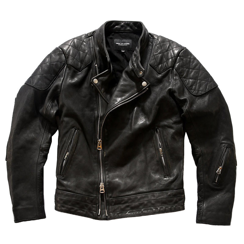 Men's black retro leather biker jacket with quilted shoulders, sleek design, perfect for rides or festivals.